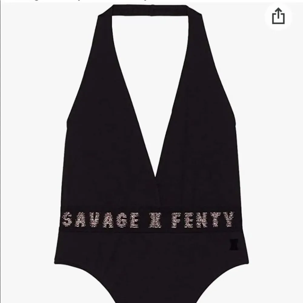 Savage X Fenty Black w Gold Halter Women One Piece Bodysuit Size Small